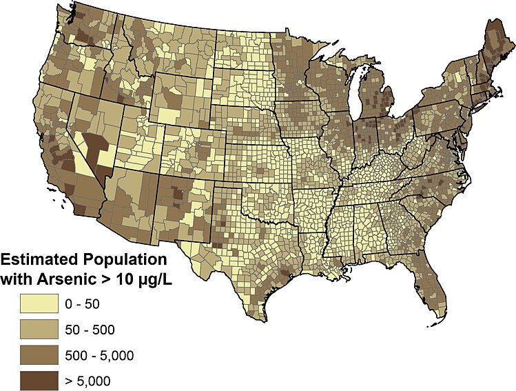 Map showing how many private domestic well users have elevated arsenic in their water, by county